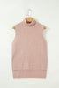 Light French Beige Sleeveless High Neck Knit Split Hem Shift Silhouette Wool Sweater Vest