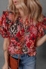 Red Ethnic Print Split Neck Short Puff Sleeve Blouse