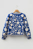 Blue Flower Print Open Front Buttoned Cuffs Elegant Jacket