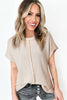 Pale Khaki Solid Color Textured Seamed Short Sleeve Top