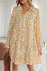 Yellow Floral Print Frilly Trim Smocked Cuff Long Sleeve Loose Shirt Dress