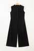Black Half Buttons Sleeveless Wide Leg Textured Jumpsuit