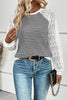 Black Stripe Textured Knit Contrast Hollowed Lace Patchwork Long Sleeve Top