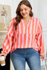 Pink Stripe Crinkled Half Buttons V Neck Plus Size Blouse