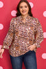 Brown Plus Size Leopard Frilled Stand Neck Blouse