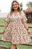 Beige Printed Surplice V Neck Cuffed Sleeve Empire Waist Plus Size Dress