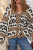 Dark Khaki Ethnic Geometric Pattern Button Front V Neck Sweater Cardigan