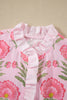 Pink Sweet Blooms Ruffle Striped Trim Puff Sleeve Shirt
