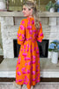 Orange Floral Print Frilly Smocked V Neck 3/4 Sleeve Long Dress