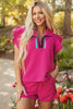 Strawberry Pink Striped Detail Flutter Sleeve Zipped Collar Short Set