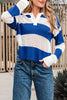 Blue Stripe Colorblock Polo Collar Eyelet Crochet Knitted Sweater