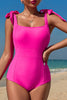 Rose Red Square Neck Knotted Shoulder Open Back One Piece Swimsuit