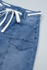 Beau Blue Solid Patchwork Grommet Tie Waist Loose Ankle-Length Jeans