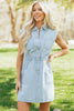 Sky Blue Stripe Collared Button Front Sleeveless Denim Mini Dress