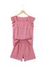 Fiery Red Textured Square Neck Top and Shirred High Waist Shorts Set