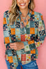 Sky Blue Fall Floral Half Placket Collared V Neck Blouse
