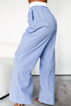 Sky Blue Stripe Wide Leg Buttoned Lace up Elastic High Waist Pants