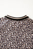 Brown Leopard Print Half Zip Striped Trim Patchwork Short Sleeve Top