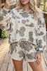 Gray Western Print Raw Hem Long Sleeve Top Drawstring Shorts Set