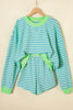 Pink Stripe Color Block Detail Long Sleeve Pullover Elastic Waist Pull On Shorts 2pcs Set