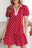 Red Floral Print Contrasted V Neck Short Bubble Sleeve Mini Dress