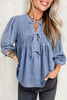 Myosotis Denim Front Pintuck Bow Tie Puff Sleeve Top