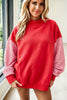 Pink Plaid Sleeve Colorblock Loose Tunic Sweatshirt