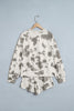 Gray Western Print Raw Hem Long Sleeve Top Drawstring Shorts Set