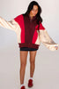 Fiery Red Color Block Patchwork Snap Button Oversize Hoodie