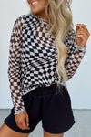 Rose Checkered Pattern Mesh Mock Neck Long Sleeve Top