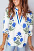Sky Blue Casual Wild Flower Print V Neck 3/4 Sleeve Blouse