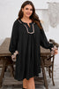 Black Plus Size Notched Neck Leopard Trim Flounce Long Sleeve Shift Dress
