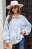 Sky Blue Stripe Half Button Collared Chest Pockets Loose Fit Blouse