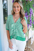Green Stripe Short Sleeve Knit V Neck Bow Knot Sweater