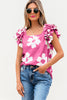Pink Floral Textured Ruffled Short Sleeve Square Neck Blouse