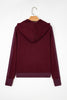 Burgundy Waffle Splicing Zip Up Front Button Hooded Jacket