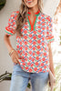 Red Floral Print Striped Detail V Neck Ruffled Short Sleeve Blouse