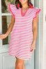 Sachet Pink Stripe Print Contrast Collar Split Neck Flutter Sleeve Short Dress