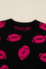 Black Rugby Print Casual Knit Short Sleeve Sweater