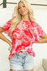 Red Abstract Print Ruffled Short Sleeve Mock Neck Blouse