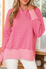 Rose Stripe Thumbhole Side Slits Drop Shoulder Loose Fit Hoodie
