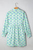 Green Floral Print Notched Neck Scalloped Detail Long Sleeve Mini Dress