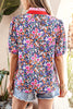 Purple Ditsy Floral Print Plaid Colorblock Trim V Neck Blouse