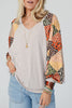 Parchment Contrast Printed Raglan Sleeves Patchwork V Neck Loose Top