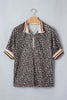 Khaki Leopard Print Half Zip Striped Trim Patchwork Short Sleeve Top