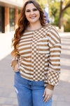 Khaki Striped Checkered Mixed Print Chest Pocket Casual Plus Size Top