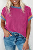 Rose Red Textured Contrast Trim Round Neck T Shirt