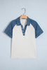 White Textured Color Block Denim Patchwork Polo Collar Tee