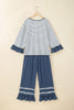 Blue Stripe V Neck Ruffle Contrast Sleeve Top Drawstring Pants 2pcs Set