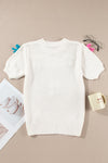 White Colorful Bow Knit Mock Neck Short Sleeve Sweater